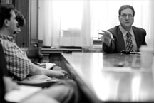 Doctoral students meeting with Robert Weisbuch, president of the Woodrow Wilson National Fellowship Foundation
